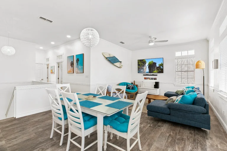 Real estate photography of home living room interior with HDR image processing, tv replacement, and stagging